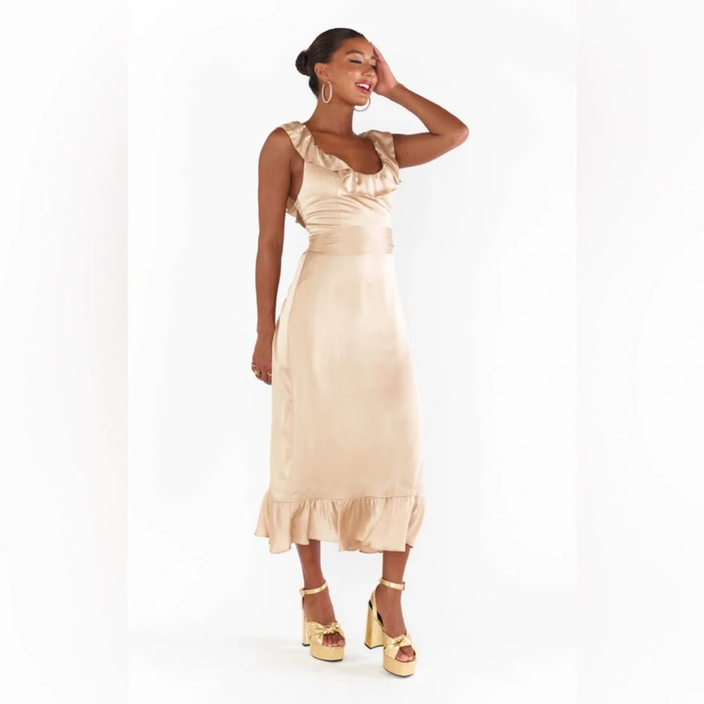 Show Me Your MuMu Alexis Midi Dress Small Champagne Luxe Satin - Picture 5 of 14